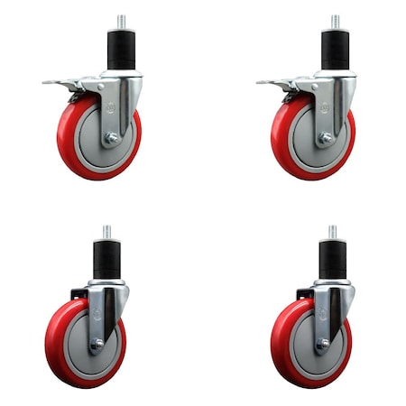 Service Caster 5'' SS Red Poly Swivel 1-3/4'' Expanding Stem Caster Set 2 Total Lock Brakes, 4PK SCC-SSEXTTL20S514-PPUB-RED-2-S-2-134